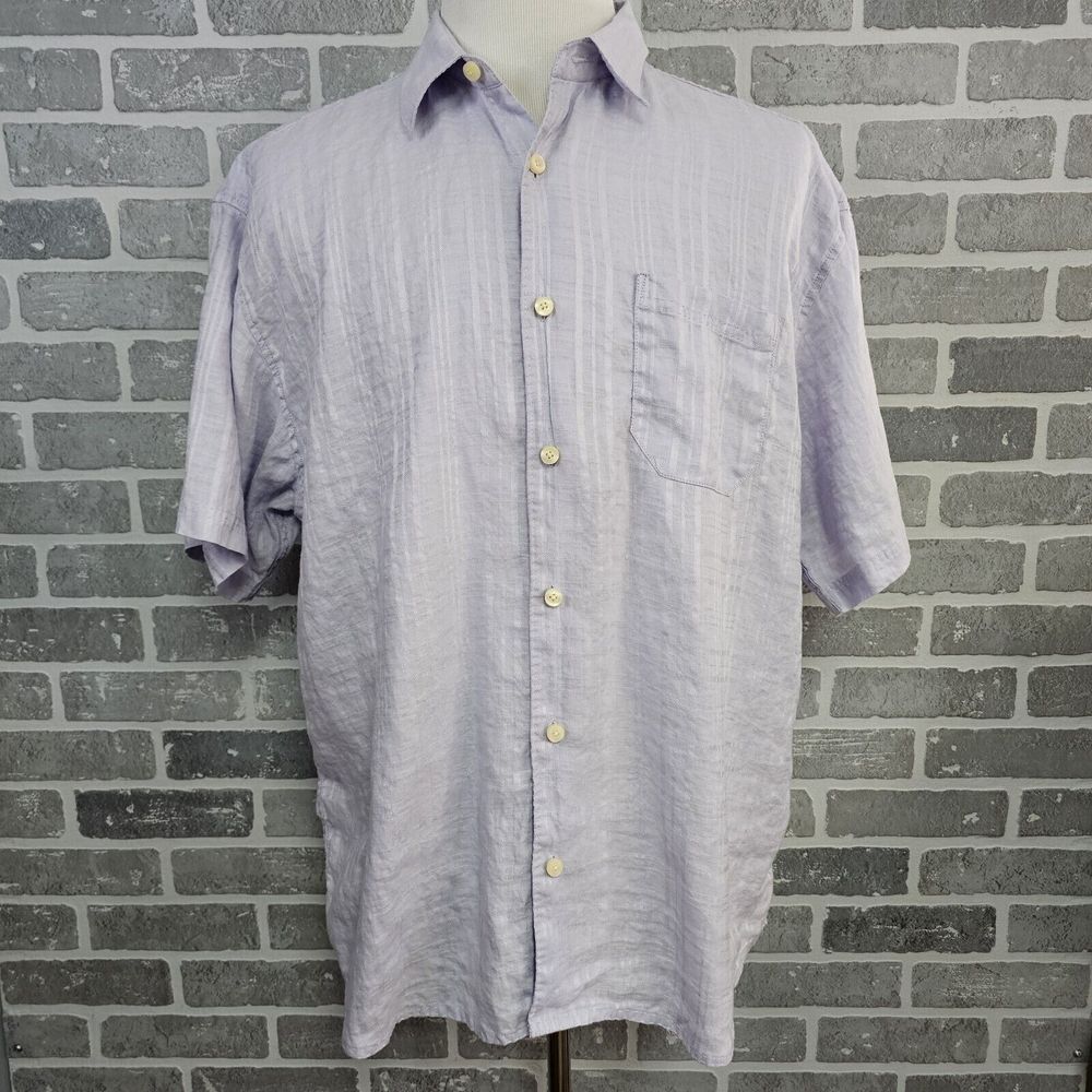 Tommy Bahama Linen Shirt Men's XLX Lavender Plaid Short Sleeve‎ Vacation Beach